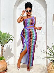 BIUBIU Chic Plus Size Sleeveless One Shoulder Knitted Bodycon Dress Long Length With Cut Out And Slit For Resort Vacation - Purple - View 6