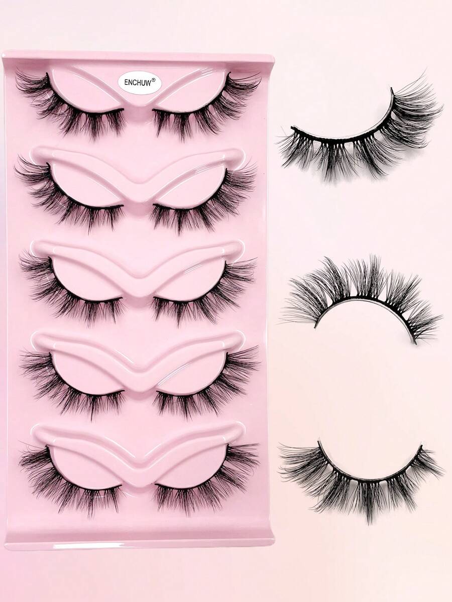 ENCHUW 5 Pairs Cat Eye Lashes Eyelashes 3D Curl Messy End Eye Manga False Eyelashes Soft Black Band Fake Lashes - Black - View 1