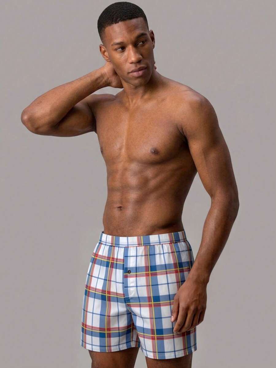 1pc Men's Underwear, Soft And Comfortable Plaid Pattern Design Loose Fit Boxer Shorts With Button Fly, Suitable For Daily Wear And Vacation - Multicolor - View 1