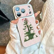 1pc TPU Material Pink & White Striped Watercolor Christmas Tree Pattern Phone Case Suitable For Apple 17 Pro Max/17/16 Pro Max/15/13/12/11 Large Window Skin Full Coverage Anti-Drop Soft Shell Phone Protective Cover - Silver - View 2