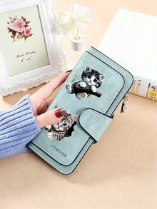 Gray Tabby Cat Design Retro Wallet, Two Fold Multi Zipper Separated Wallet, Coin Purse, Multiple Card Slots And Cash Compartments, Daily Commuting - Multicolor - View 7