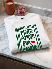 1 pieza Sudadera holgada de moda con cuello redondo y manga larga para mujer, estilo INS con estampado divertido de rayas en inglés "MORE AMOR POR FAVOR", capa base para otoño/invierno, prenda exterior, top Y2K para mujer - Blanco - Ver 4