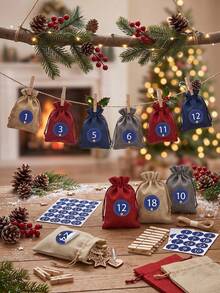 24Pcs 24Days Christmas Advent Calendar Bags Countdown, Burlap Drawstring Gift Sacks With Number Stickers Wooden Clips & Rope, Xmas 24‑Day Countdown Treat Pouch For Holiday Party Decor Gift Storage - Multicolor - View 2