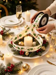 4.5m Vintage Holly Print Ribbon, Suitable For Gift Wrapping, Holiday Party Celebration Bow Decoration, Also For Sewing DIY Handicrafts - Multicolor - View 5