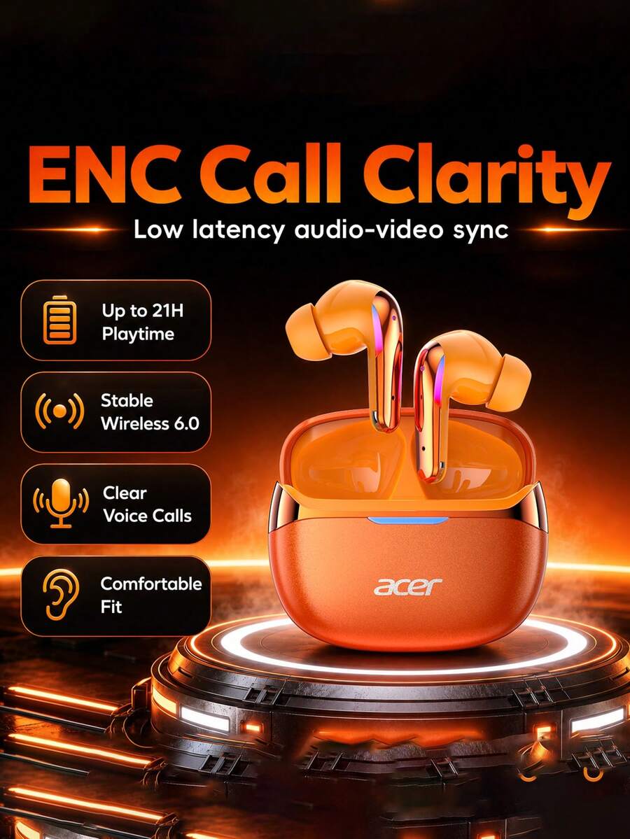Acer OHR829 In-Ear Wireless Earbuds, ENC Noise Cancellation, Bluetooth 6.0, Cinema-Grade Sound, 18-Hour Long Battery Life, RGB Ambient Lighting, Compatible With IOS/Android Systems