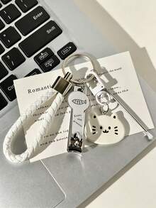 1pc Cute Cat Keychain, Woven PU Lanyard Cartoon Cat Pendant Key Ring, Portable Multi-Functional Key Chain, Suitable As Gift For Women And Girls - Multicolor - View 5