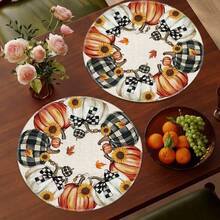 1/4/6pcs Autumn Collection Plaid Bow Pumpkin Wreath Hand-Painted Pattern Placemats, Made Of Polyester Fiber, Suitable For Home Kitchen, Kitchen Table Decoration And Party Scene Decoration - Multicolor - View 5