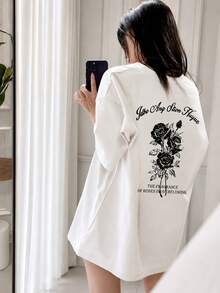 女款圓領寬鬆休閒字母&玫瑰花印花短袖T恤，春/夏白色 - 白色 - 查看 1