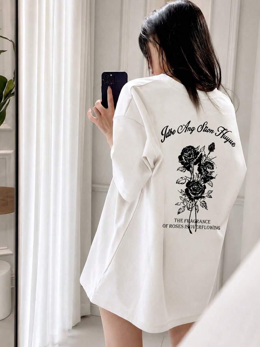 女款圓領寬鬆休閒字母&玫瑰花印花短袖T恤,春/夏白色 - 白色 - 查看 1