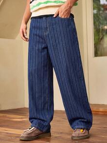 Whitmere Men's Slouchy Vertical Striped Casual Pants, Summer American Hip Hop Wide Leg Curved Hem Retro Loose Floor-Length Trousers - Blue - View 1