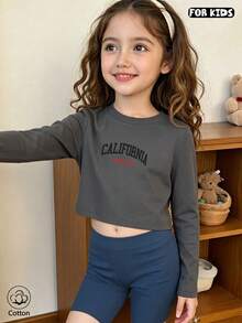 Kids Casual Letter Print Short Crop Long Sleeve Tee, Breathable Comfortable Crew Neck Top For Daily Spring Fall Wear - Grey - View 2