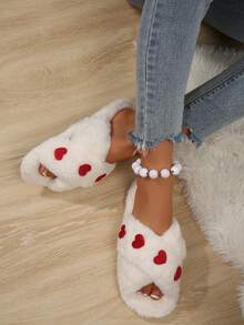 Girl Style Heart Embroidery Plush Slippers, Comfortable Thick Sole Open Toe Indoor/Outdoor Soft Anti-Slip Women's Plush Sandals - White - View 5
