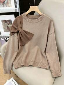 Plus Size Casual Fashion Versatile Large Bow Decor Round Neck Long Sleeve Knit Pullover Sweater - Camel - View 1