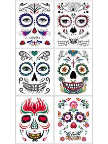 6pcs Halloween Day Of The Dead Face Tattoo Stickers, Skull Spider Web Face Decoration Temporary Tattoos - Multicolor - View 2