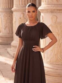 Elegant Chiffon Long Bridesmaid Dress, Round Neck, Ruffle Short Sleeves, Ruffle Hem, Multi-Layer Waist Design - Chocolate Brown - View 2
