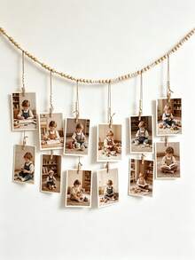 1pc Photo Banner With 12 Wooden Clips, Hanging Wooden Bead Photo Display Rack, Wooden Bead Garland, Suitable For Baby Essentials, Newborn Essentials - Multicolor - View 1