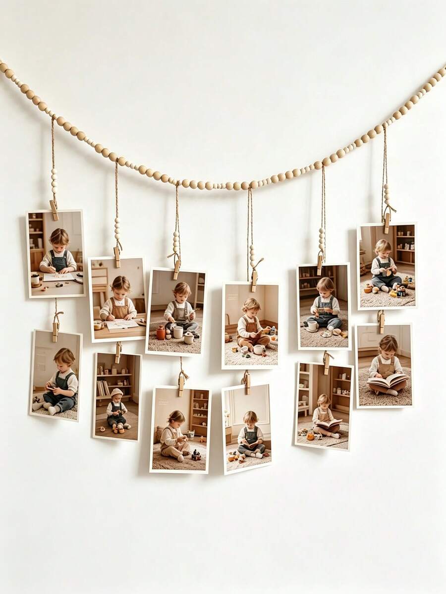 1pc Photo Banner With 12 Wooden Clips, Hanging Wooden Bead Photo Display Rack, Wooden Bead Garland, Suitable For Baby Essentials, Newborn Essentials - Multicolor - View 1
