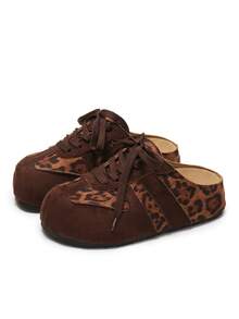 New Women's Comfortable Versatile Closed-Toe Half-Back Lace-Up Fashion Platform Thick Sole Suede Slip-On Hidden Height Casual Shoes Suitable For Daily Wear - Leopard Brown - View 7