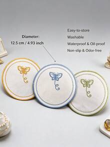 4pcs Blue Round Butterfly Polyester Embroidered Drink Coasters, Washable Table Decor, Non-Slip Table Mat, Waterproof And Oil-Resistant, Suitable For Restaurant, Cafe, Homestay, Afternoon Tea, Holiday, Party, Gathering, Birthday, Wedding, Dinner - Multicolor - View 3