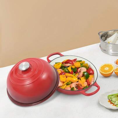 Enameled Cast Iron Dutch Oven, 2.2L Round Casserole Pot With Lid For Stewing Braising Baking, Heavy Duty Red Cookware For Induction Gas Oven, 3-4 Serving