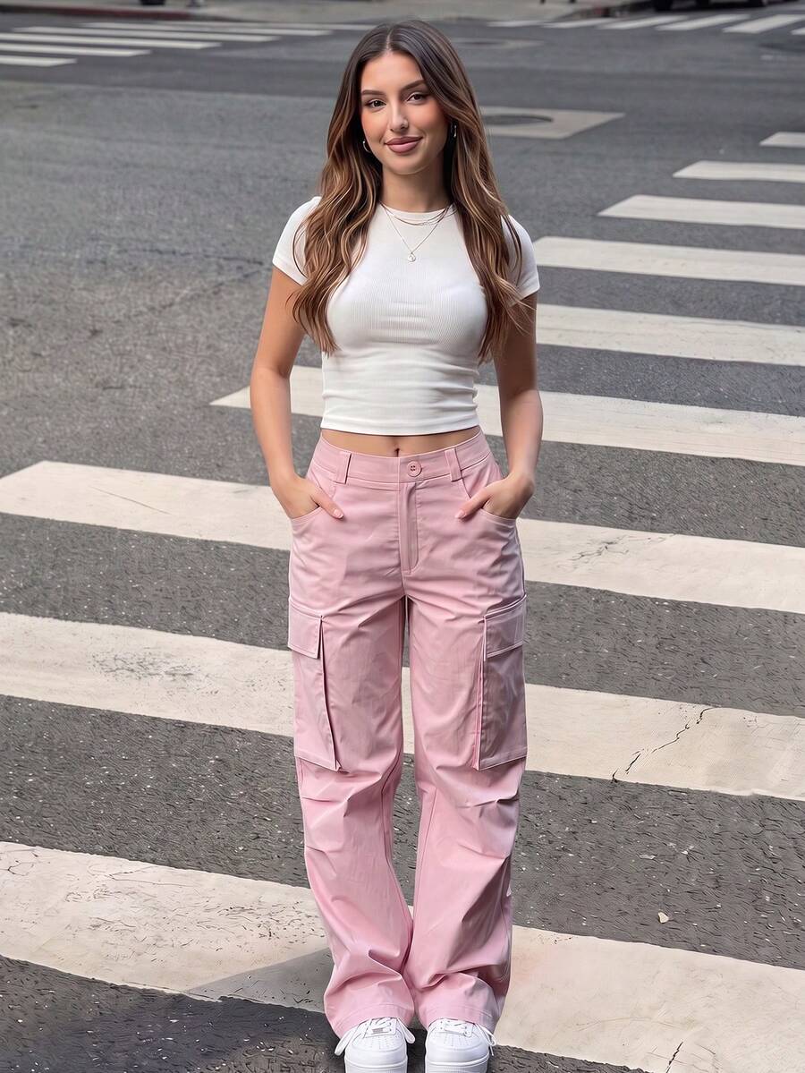 Casual Solid Color Simple Straight Leg Cargo Pants Pink Spring - Pink - View 1
