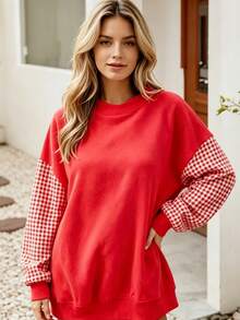 2026 Women Oversized Striped Crew Neck Sweatshirt, Long Sleeve Loose Drop‑Shoulder Pullover For Daily Street Look Dating Weekend Friend Gathering - Red - View 6