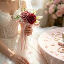 Artificial Flower Wand For Bridal Ribbon Faux Flower Bouquets Wedding Props - Red - View 5