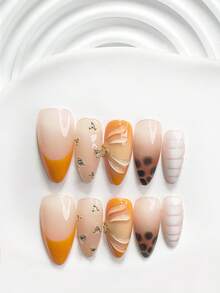 10pcs Handmade Press-On Nail Set, Poly Gel Nails, Water Drop Pattern, Rhinestone Decor, Yellow, White & Brown Nail Polish, Unique Style, Includes Nail Tools, 3 Sizes Available, Square, Short Square, Almond Shape, Suitable For Party, Dance, Daily Wear - Multicolor - View 14