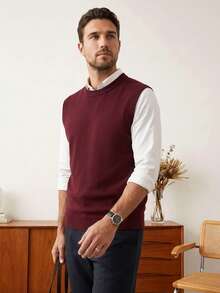 Men's Crew Neck Solid Colored Knit Sweater Vest, Autumn/Winter - Burgundy - View 2