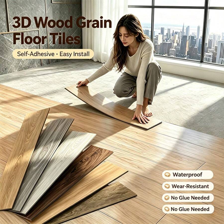 26pcs/Set Self-Adhesive Wood Grain Vinyl Floor Tiles, Realistic Wood Texture For Warm Visual Effect, Peel And Stick Installation, Wear-Resistant Surface For Easy Cleaning, Removable Without Removing Original Flooring, Suitable For Rental Apartments, Homes And Offices