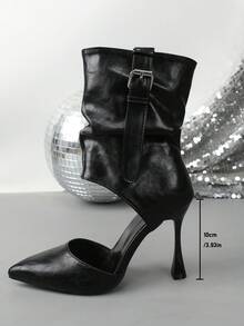 Women's Pointed Toe Ruched Ankle Boots, Hollow Out Thin High Heel, Buckle Decor Fashion Party Dress Boots - Black - View 3