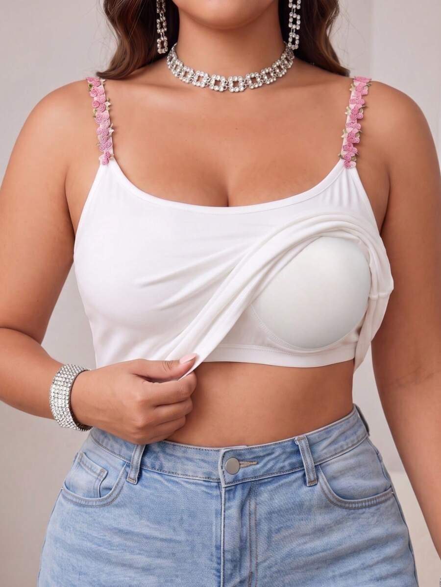 Plus Size Women's Built-In Bra Camisole, Embroidered Floral Straps, Thick Padded Cups, Everyday Basic Layering Tank Top - White - View 1