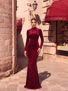 Wine Red Elegant Long Sleeve Velvet Jacquard Maxi Party Evening Dress Wedding Spring - Burgundy - View 1