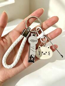 1pc Cute Cat Keychain, Woven PU Lanyard Cartoon Cat Pendant Key Ring, Portable Multi-Functional Key Chain, Suitable As Gift For Women And Girls - Multicolor - View 1