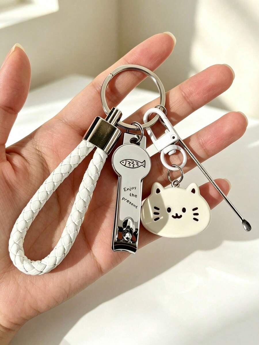 1pc Cute Cat Keychain, Woven PU Lanyard Cartoon Cat Pendant Key Ring, Portable Multi-Functional Key Chain, Suitable As Gift For Women And Girls - Multicolor - View 1