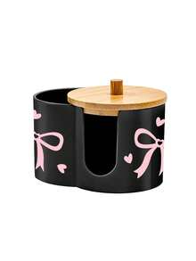 2 Grid Cotton Pad Swab Box,Cute Bow Print Makeup Organizer Box With Bamboo Lid,Desktop Cosmetic Container With Double Round Holes,For Bathroom Vanity - Multicolor - View 16