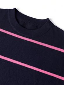 Men's Mercerized Striped Loose Drop Shoulder Crew Neck Long Sleeve Sweater - Navy Blue - View 8