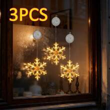 3pcs Christmas Window Hanging Decor Snowflake Suction Cup LED Lights, Indoor Atmosphere Decoration Lights, Suction Cup Snowflake Curtain Lights, Battery Powered (Batteries Not Included), Holiday Party String Lights, Suitable For Christmas - Multicolor - View 13