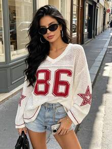 Ladies' Summer Couples Matching Oversized Sweatshirt, Loose Casual Numeric Print Elegant Sheer Knit Top White Spring - White - View 8