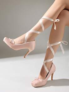 Early Spring New French Style Bowknot Strap Closed Toe High Heel Sandals For Women, Ballet Style Red Sole Stunning Sandals - Apricot - View 7