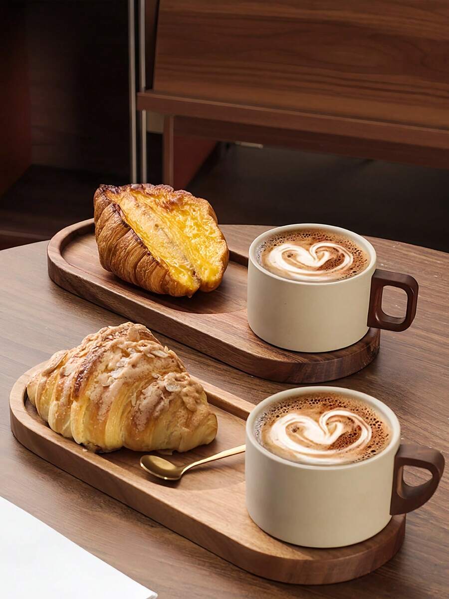 Vintage Country Style Stoneware Coffee Cup Set With Bread Plate And Wooden Tray, Mid-Century Ceramic Breakfast Cup, Suitable For Croissants, Toast, Oatmeal, Single Person Morning Ritual, Handmade Pottery Gift, Home Bistro Style - Multicolor - View 1