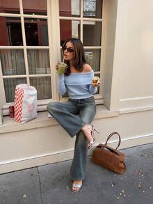 Sookaug Women's Slim Fit Cropped Ribbed Knit Sweater Off-The-Shoulder Long Sleeve Solid Color Top - Baby Blue - View 1