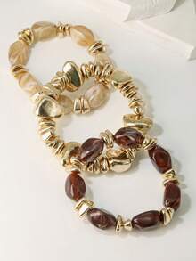 3pcs Vintage Multi-Layer Brown Acrylic Beaded Bracelet, Deformed Gold Stone Bracelet For Women - Multicolor - View 3