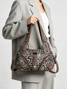 Advanced Personalized Leopard Print PU Material Women's Handbag, Exquisite Hardware Buckle Adjustable Shoulder Strap Shoulder Bag/Crossbody Bag - Brown - View 2