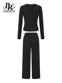BADDIE REALM Women's Casual Drawstring Sweatpants Set With Round Neck Long Sleeve Top, Comfortable 2 Pieces Outfit With Slight Stretch Fabric For Fall - Black - View 9