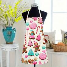 1pc Christmas Linen Apron, Holiday Santa Claus & Tree Print, Red Cartoon Gingerbread Man, Sleeveless Kitchen Apron, Durable Home Cooking Protective Cover, Decorative Holiday Kitchen Accessory - Multicolor - View 4