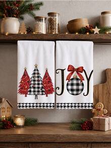 2pcs Christmas Black Plaid Christmas Tree & Christmas Ball Illustration Pattern Kitchen Towels, Soft Polyester Material Dish Cloths, Suitable For Kitchen Decor, Kitchen Cleaning, Holiday Party Decoration, Kitchen & Bathroom Supplies Home Essentials, Home Decor, Housewarming Gift - Multicolor - View 2