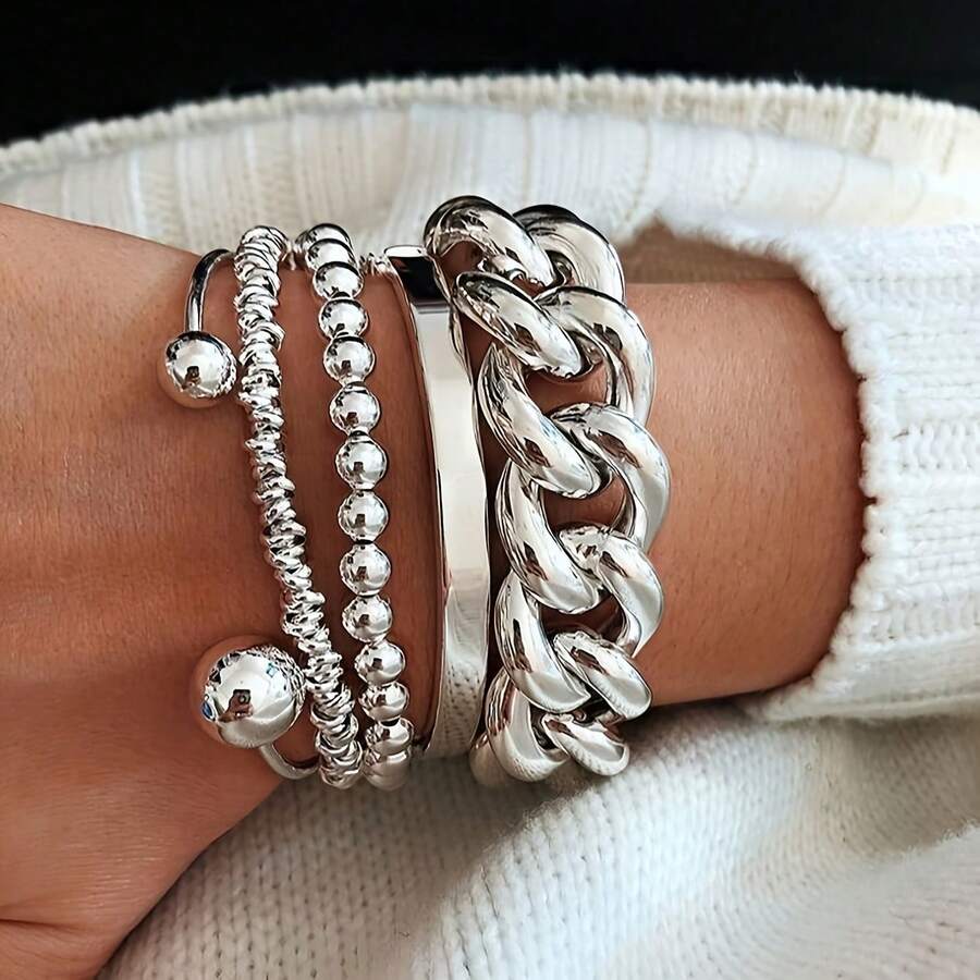 5pcs Vintage Punk Style Bracelets, Featuring Exaggerated Cuban Chain And Round Beads Open Cuff, Suitable For Daily Commute Wear - Antique Silver - View 1