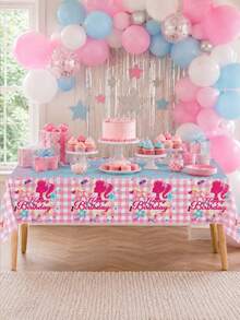 Splendor Blue Plaid Disposable Party Tablecloth, Cute Cartoon Silhouette Print Tablecloth, Birthday Table Decoration - Multicolor - View 10