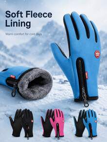 Simple And Casual Full-Finger Fleece-Lined Winter Gloves, Featuring Side Zipper And Decorative Tag Details. Touchscreen Compatible, Windproof And Warm, Suitable For Outdoor Sports And Daily Commuting. Winter Gloves, Cycling Gloves. - Multicolor - View 1